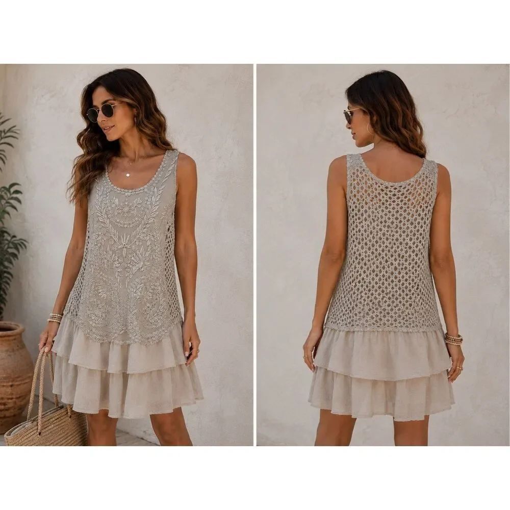 Luxury Boutique Made In Italy Embroidered Boho Dress Size 8 Rare Beige Lace